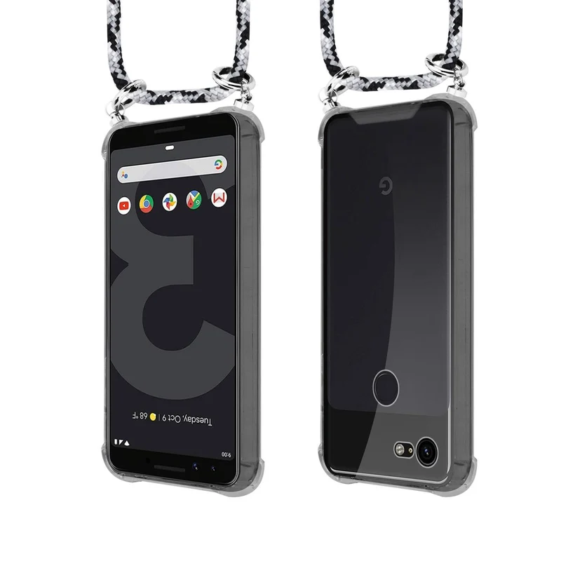 Cadorabo Handy Kette kompatibel mit Google PIXEL 3 Silikon Schutzhülle mit Silbernen Ringen, Kordel Band und abnehmbarem Etui