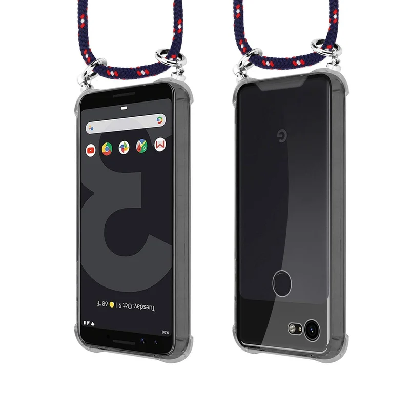 Cadorabo Handy Kette kompatibel mit Google PIXEL 3 Silikon Schutzhülle mit Silbernen Ringen, Kordel Band und abnehmbarem Etui