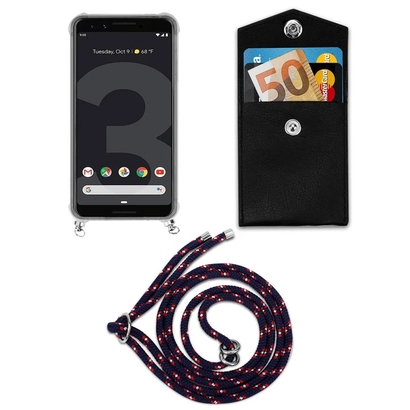 Cadorabo Handy Kette kompatibel mit Google PIXEL 3 Silikon Schutzhülle mit Silbernen Ringen, Kordel Band und abnehmbarem Etui