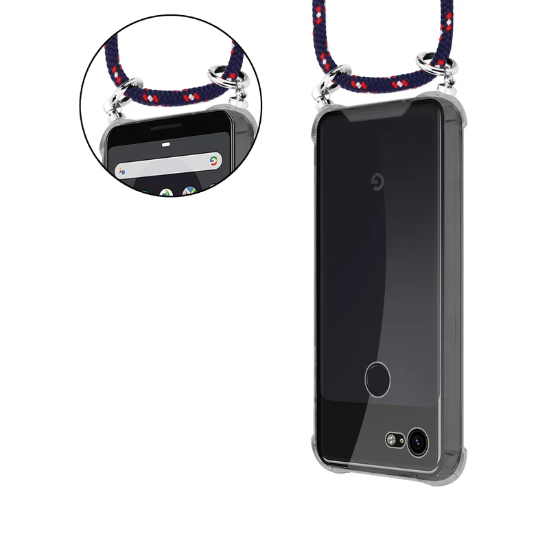 Cadorabo Handy Kette kompatibel mit Google PIXEL 3 Silikon Schutzhülle mit Silbernen Ringen, Kordel Band und abnehmbarem Etui