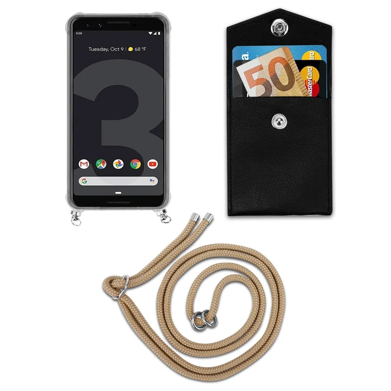 Cadorabo Handy Kette kompatibel mit Google PIXEL 3 Silikon Schutzhülle mit Silbernen Ringen, Kordel Band und abnehmbarem Etui