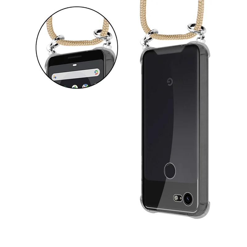 Cadorabo Handy Kette kompatibel mit Google PIXEL 3 Silikon Schutzhülle mit Silbernen Ringen, Kordel Band und abnehmbarem Etui