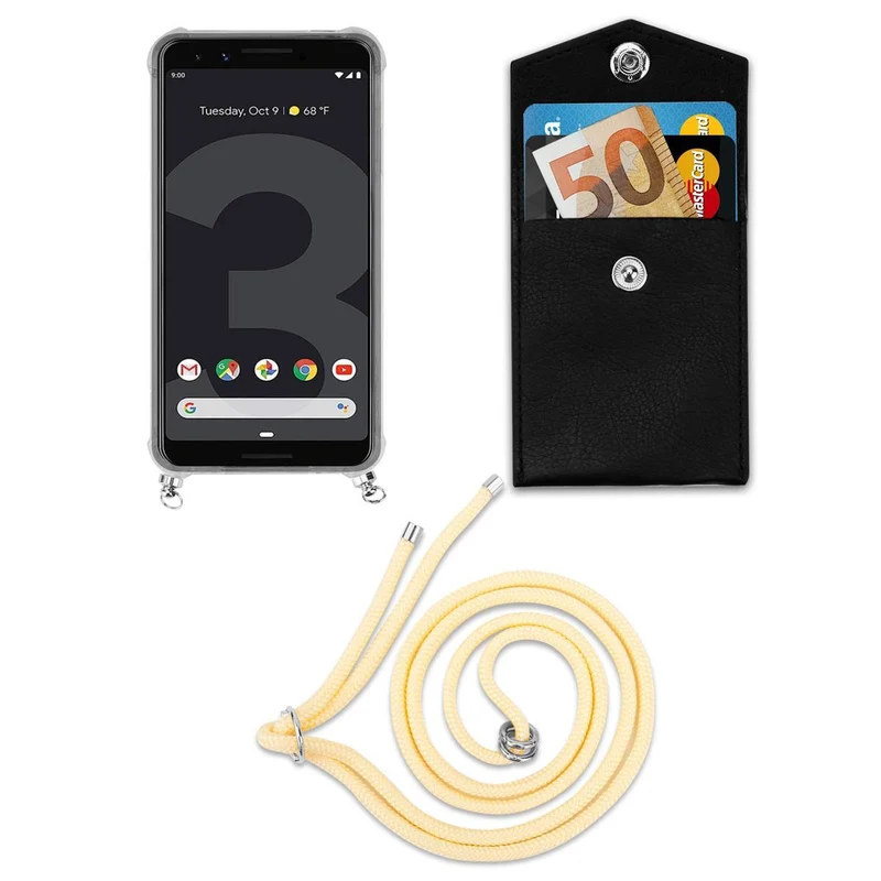 Cadorabo Handy Kette kompatibel mit Google PIXEL 3 Silikon Schutzhülle mit Silbernen Ringen, Kordel Band und abnehmbarem Etui