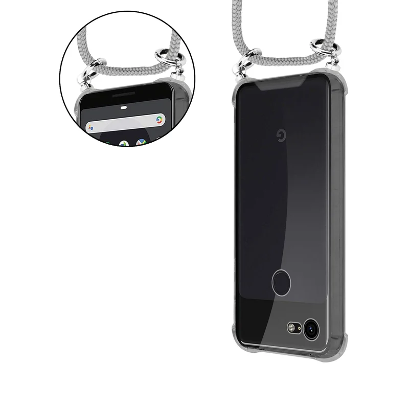 Cadorabo Handy Kette kompatibel mit Google PIXEL 3 Silikon Schutzhülle mit Silbernen Ringen, Kordel Band und abnehmbarem Etui