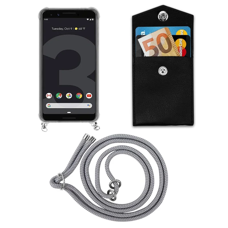 Cadorabo Handy Kette kompatibel mit Google PIXEL 3 Silikon Schutzhülle mit Silbernen Ringen, Kordel Band und abnehmbarem Etui