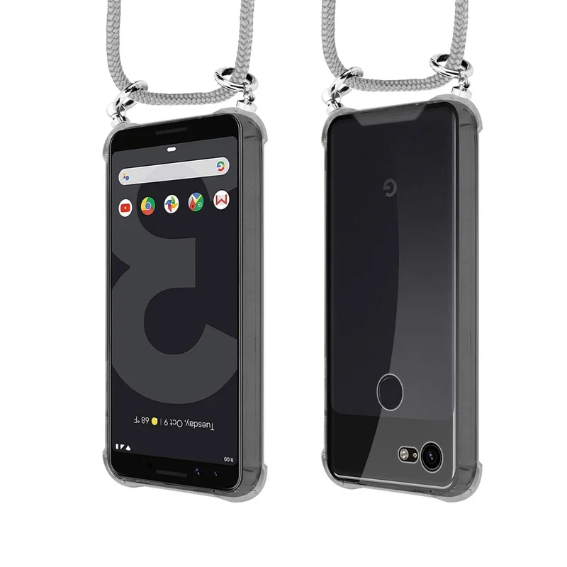 Cadorabo Handy Kette kompatibel mit Google PIXEL 3 Silikon Schutzhülle mit Silbernen Ringen, Kordel Band und abnehmbarem Etui