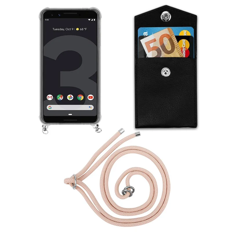 Cadorabo Handy Kette kompatibel mit Google PIXEL 3 Silikon Schutzhülle mit Silbernen Ringen, Kordel Band und abnehmbarem Etui