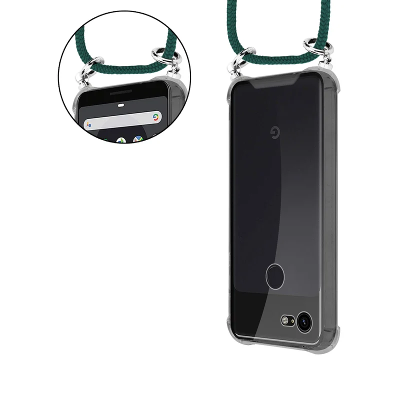 Cadorabo Handy Kette kompatibel mit Google PIXEL 3 Silikon Schutzhülle mit Silbernen Ringen, Kordel Band und abnehmbarem Etui