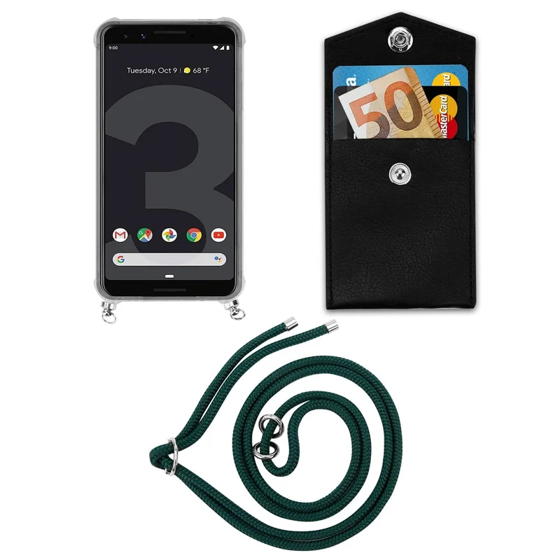 Cadorabo Handy Kette kompatibel mit Google PIXEL 3 Silikon Schutzhülle mit Silbernen Ringen, Kordel Band und abnehmbarem Etui