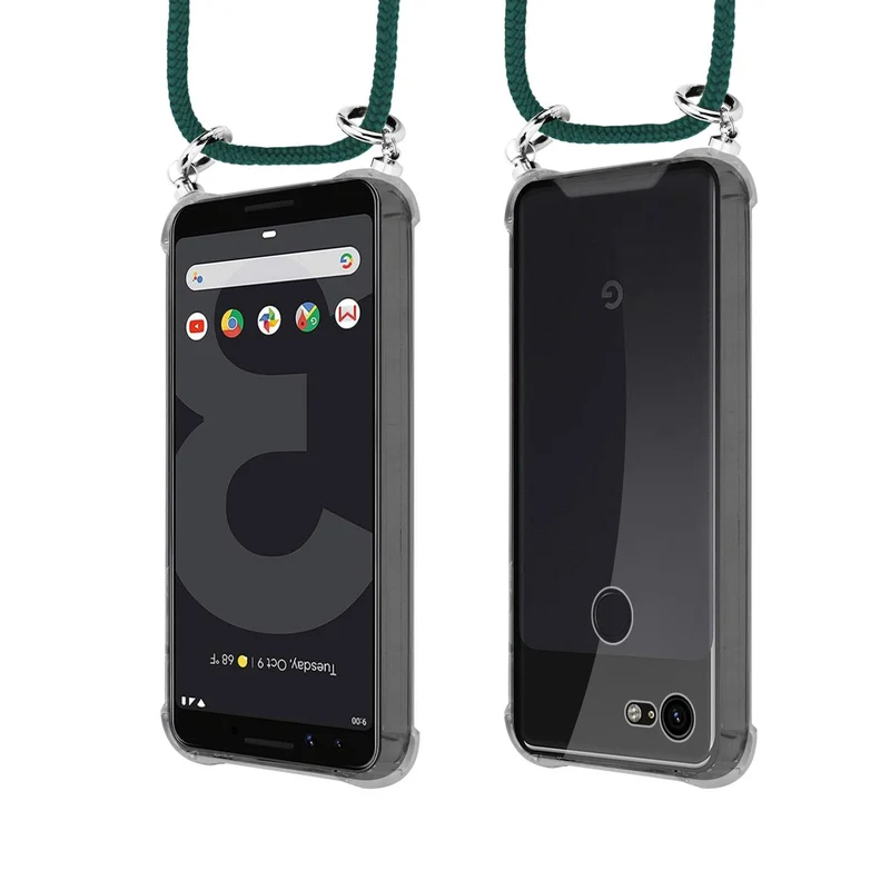 Cadorabo Handy Kette kompatibel mit Google PIXEL 3 Silikon Schutzhülle mit Silbernen Ringen, Kordel Band und abnehmbarem Etui