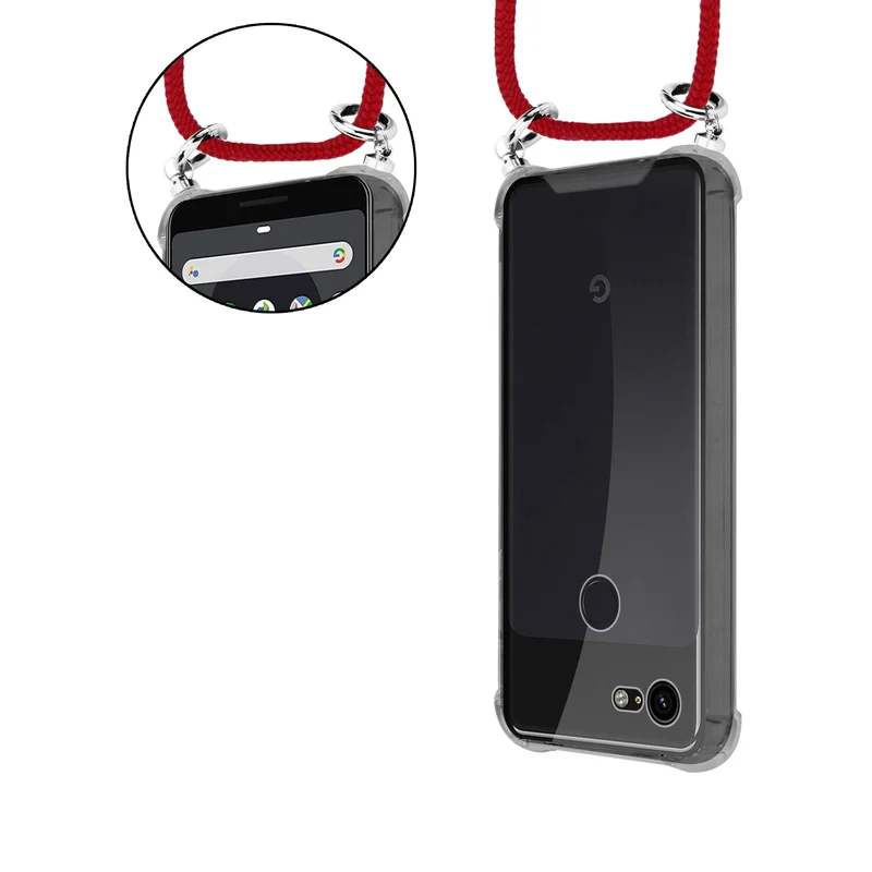 Cadorabo Handy Kette kompatibel mit Google PIXEL 3 Silikon Schutzhülle mit Silbernen Ringen, Kordel Band und abnehmbarem Etui