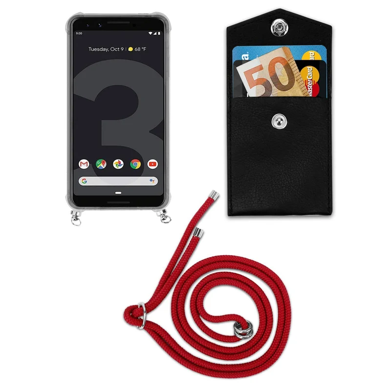Cadorabo Handy Kette kompatibel mit Google PIXEL 3 Silikon Schutzhülle mit Silbernen Ringen, Kordel Band und abnehmbarem Etui