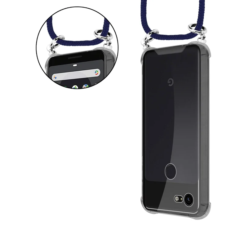 Cadorabo Handy Kette kompatibel mit Google PIXEL 3 Silikon Schutzhülle mit Silbernen Ringen, Kordel Band und abnehmbarem Etui
