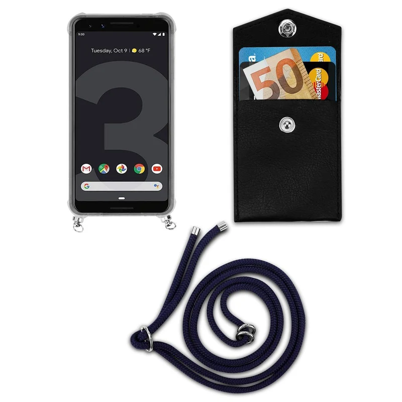 Cadorabo Handy Kette kompatibel mit Google PIXEL 3 Silikon Schutzhülle mit Silbernen Ringen, Kordel Band und abnehmbarem Etui
