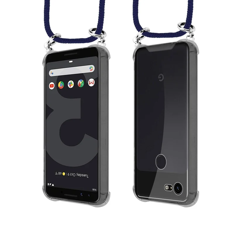 Cadorabo Handy Kette kompatibel mit Google PIXEL 3 Silikon Schutzhülle mit Silbernen Ringen, Kordel Band und abnehmbarem Etui
