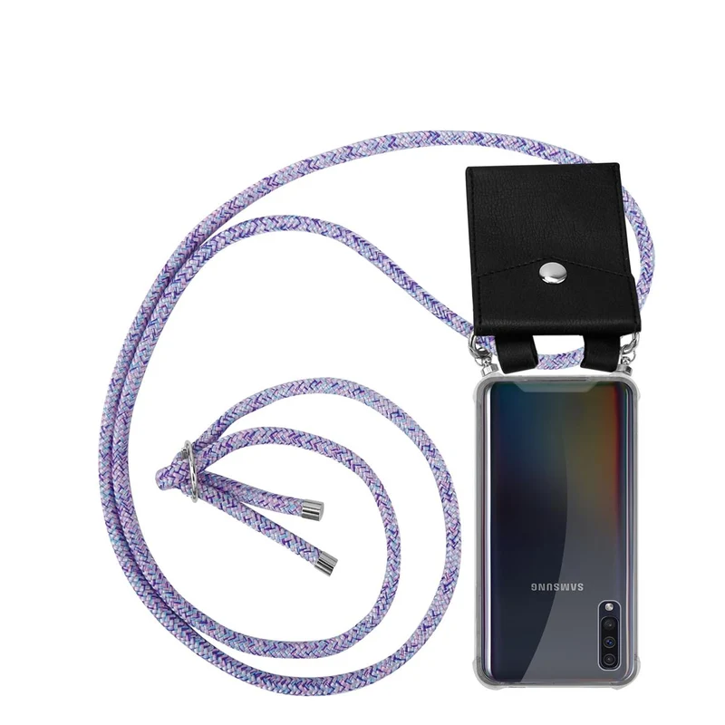 Cadorabo Handy Kette kompatibel mit Samsung Galaxy A50 4G / A50s / A30s Silikon Schutzhülle mit Silbernen Ringen, Kordel Band und abnehmbarem Etui