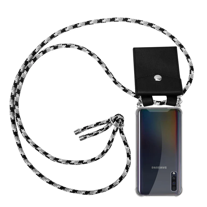 Cadorabo Handy Kette kompatibel mit Samsung Galaxy A50 4G / A50s / A30s Silikon Schutzhülle mit Silbernen Ringen, Kordel Band und abnehmbarem Etui