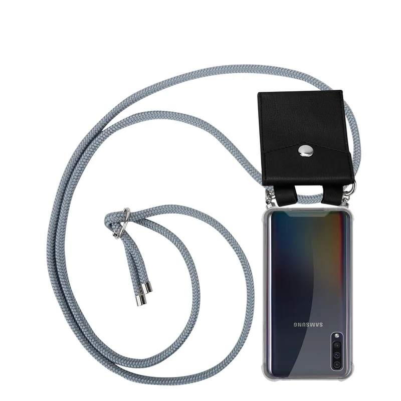 Cadorabo Handy Kette kompatibel mit Samsung Galaxy A50 4G / A50s / A30s Silikon Schutzhülle mit Silbernen Ringen, Kordel Band und abnehmbarem Etui
