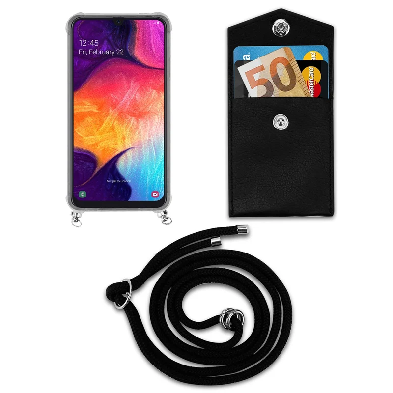 Cadorabo Handy Kette kompatibel mit Samsung Galaxy A50 4G / A50s / A30s Silikon Schutzhülle mit Silbernen Ringen, Kordel Band und abnehmbarem Etui