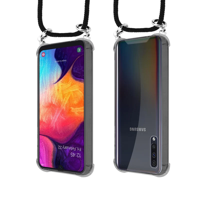 Cadorabo Handy Kette kompatibel mit Samsung Galaxy A50 4G / A50s / A30s Silikon Schutzhülle mit Silbernen Ringen, Kordel Band und abnehmbarem Etui