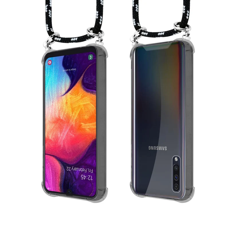 Cadorabo Handy Kette kompatibel mit Samsung Galaxy A50 4G / A50s / A30s Silikon Schutzhülle mit Silbernen Ringen, Kordel Band und abnehmbarem Etui