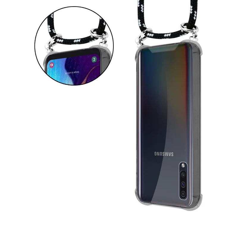 Cadorabo Handy Kette kompatibel mit Samsung Galaxy A50 4G / A50s / A30s Silikon Schutzhülle mit Silbernen Ringen, Kordel Band und abnehmbarem Etui