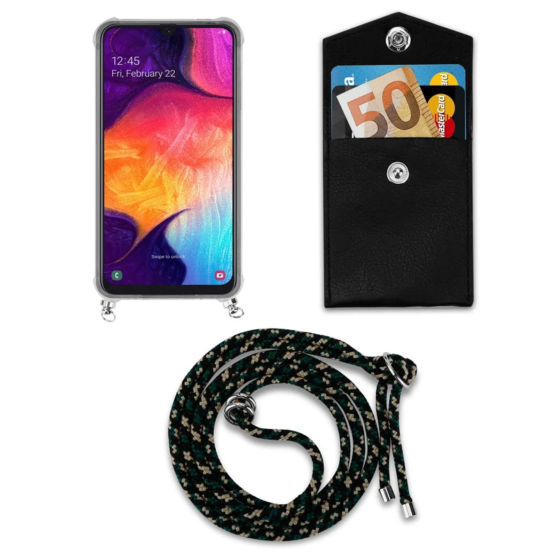 Cadorabo Handy Kette kompatibel mit Samsung Galaxy A50 4G / A50s / A30s Silikon Schutzhülle mit Silbernen Ringen, Kordel Band und abnehmbarem Etui