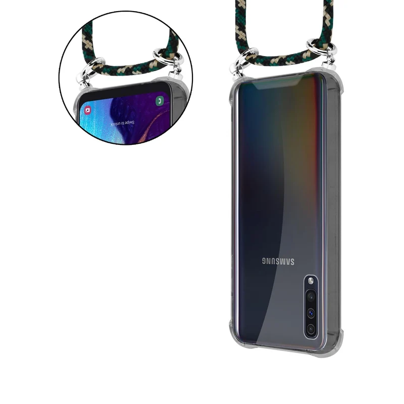 Cadorabo Handy Kette kompatibel mit Samsung Galaxy A50 4G / A50s / A30s Silikon Schutzhülle mit Silbernen Ringen, Kordel Band und abnehmbarem Etui