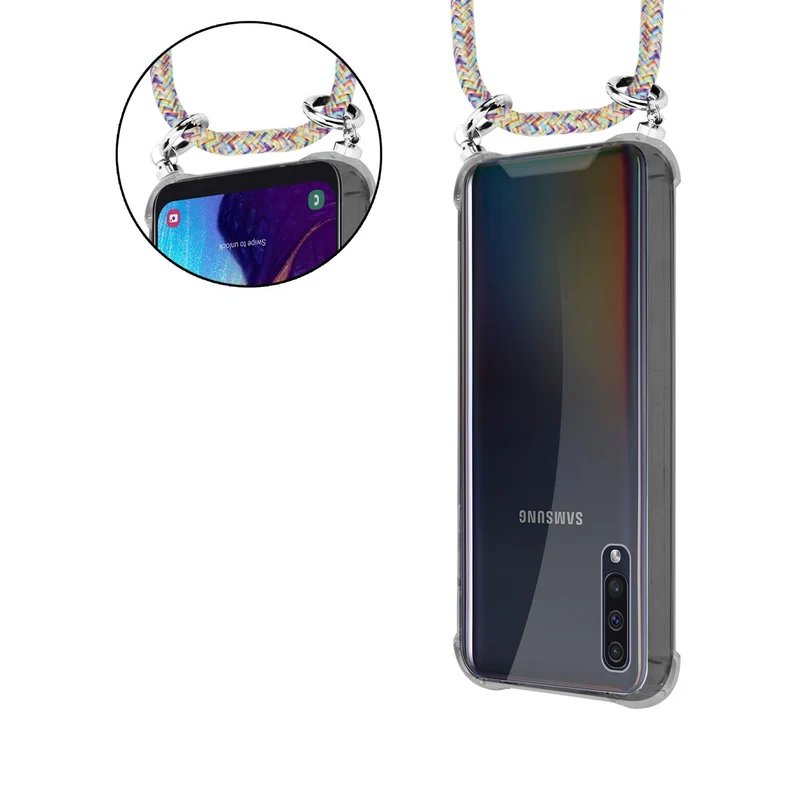 Cadorabo Handy Kette kompatibel mit Samsung Galaxy A50 4G / A50s / A30s Silikon Schutzhülle mit Silbernen Ringen, Kordel Band und abnehmbarem Etui