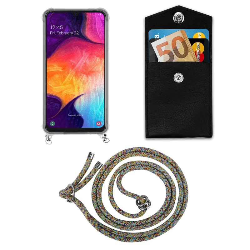 Cadorabo Handy Kette kompatibel mit Samsung Galaxy A50 4G / A50s / A30s Silikon Schutzhülle mit Silbernen Ringen, Kordel Band und abnehmbarem Etui