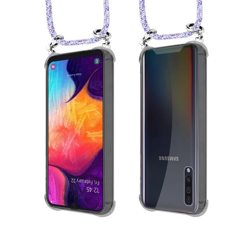 Cadorabo Handy Kette kompatibel mit Samsung Galaxy A50 4G / A50s / A30s Silikon Schutzhülle mit Silbernen Ringen, Kordel Band und abnehmbarem Etui