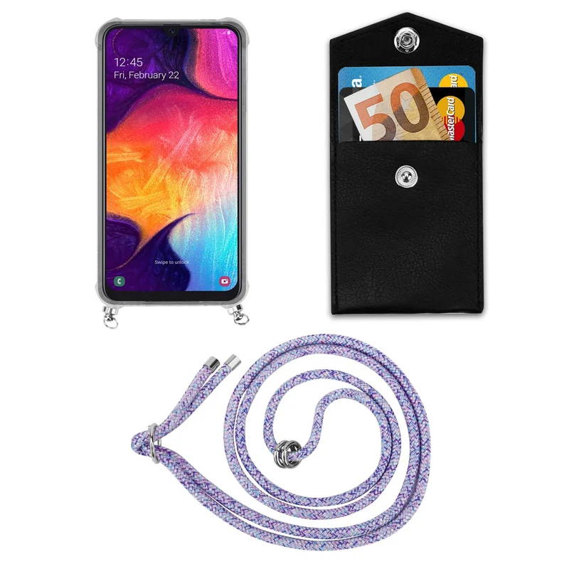 Cadorabo Handy Kette kompatibel mit Samsung Galaxy A50 4G / A50s / A30s Silikon Schutzhülle mit Silbernen Ringen, Kordel Band und abnehmbarem Etui