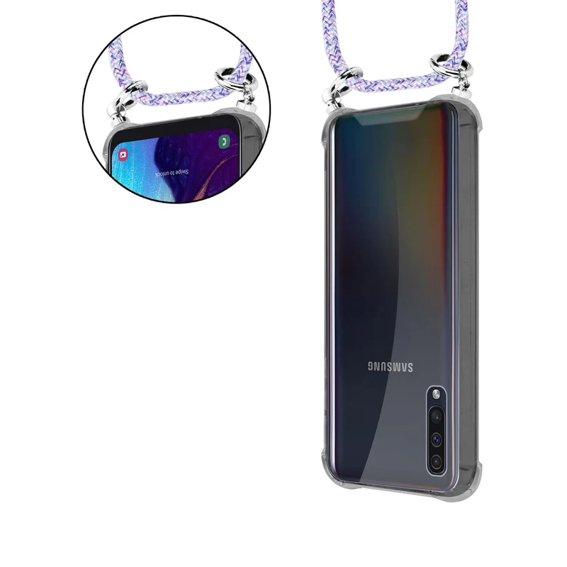 Cadorabo Handy Kette kompatibel mit Samsung Galaxy A50 4G / A50s / A30s Silikon Schutzhülle mit Silbernen Ringen, Kordel Band und abnehmbarem Etui