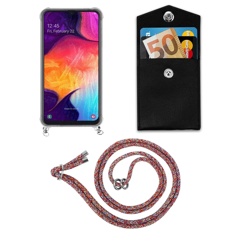 Cadorabo Handy Kette kompatibel mit Samsung Galaxy A50 4G / A50s / A30s Silikon Schutzhülle mit Silbernen Ringen, Kordel Band und abnehmbarem Etui
