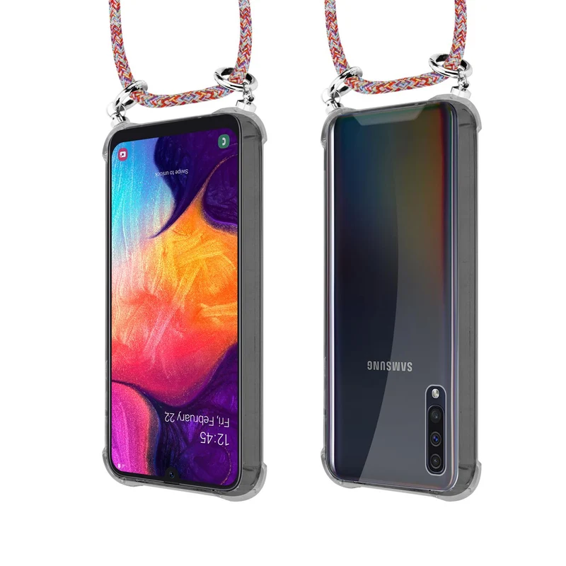Cadorabo Handy Kette kompatibel mit Samsung Galaxy A50 4G / A50s / A30s Silikon Schutzhülle mit Silbernen Ringen, Kordel Band und abnehmbarem Etui
