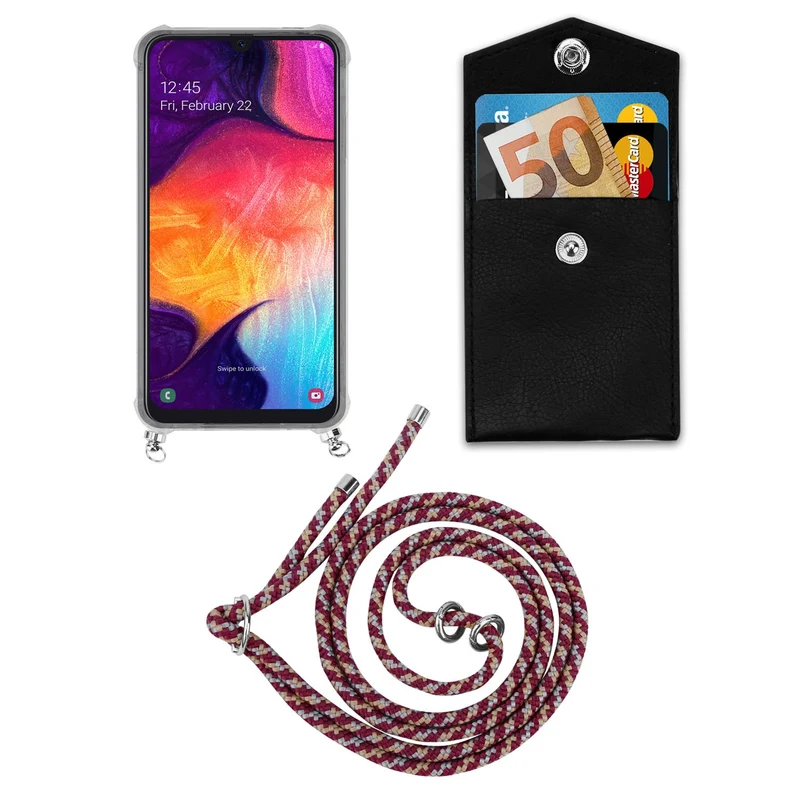 Cadorabo Handy Kette kompatibel mit Samsung Galaxy A50 4G / A50s / A30s Silikon Schutzhülle mit Silbernen Ringen, Kordel Band und abnehmbarem Etui