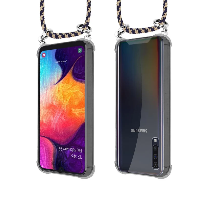 Cadorabo Handy Kette kompatibel mit Samsung Galaxy A50 4G / A50s / A30s Silikon Schutzhülle mit Silbernen Ringen, Kordel Band und abnehmbarem Etui