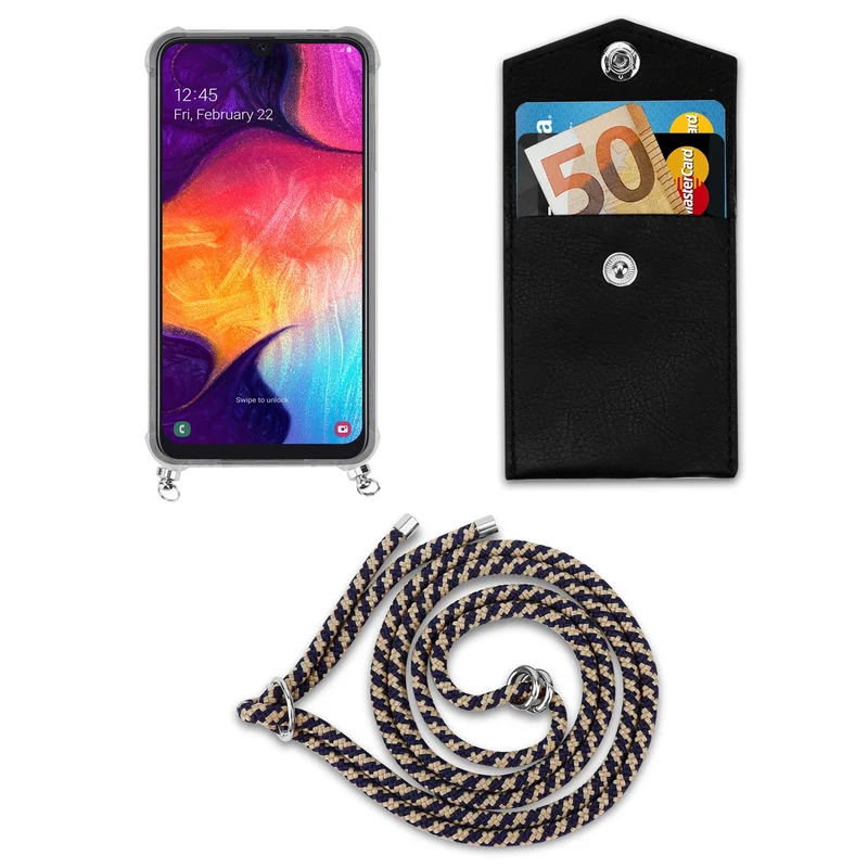 Cadorabo Handy Kette kompatibel mit Samsung Galaxy A50 4G / A50s / A30s Silikon Schutzhülle mit Silbernen Ringen, Kordel Band und abnehmbarem Etui