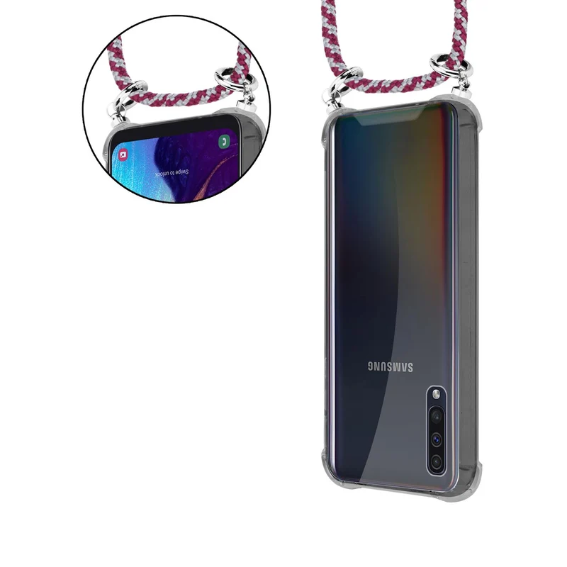 Cadorabo Handy Kette kompatibel mit Samsung Galaxy A50 4G / A50s / A30s Silikon Schutzhülle mit Silbernen Ringen, Kordel Band und abnehmbarem Etui