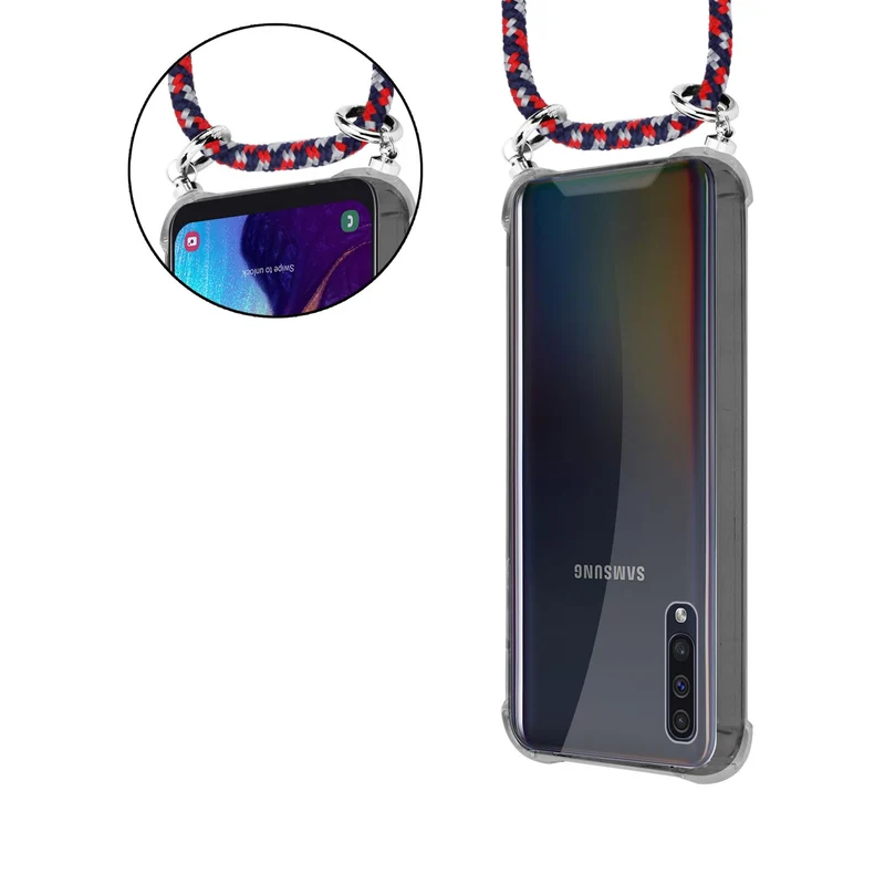 Cadorabo Handy Kette kompatibel mit Samsung Galaxy A50 4G / A50s / A30s Silikon Schutzhülle mit Silbernen Ringen, Kordel Band und abnehmbarem Etui