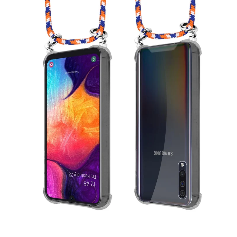 Cadorabo Handy Kette kompatibel mit Samsung Galaxy A50 4G / A50s / A30s Silikon Schutzhülle mit Silbernen Ringen, Kordel Band und abnehmbarem Etui
