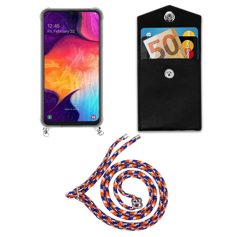 Cadorabo Handy Kette kompatibel mit Samsung Galaxy A50 4G / A50s / A30s Silikon Schutzhülle mit Silbernen Ringen, Kordel Band und abnehmbarem Etui