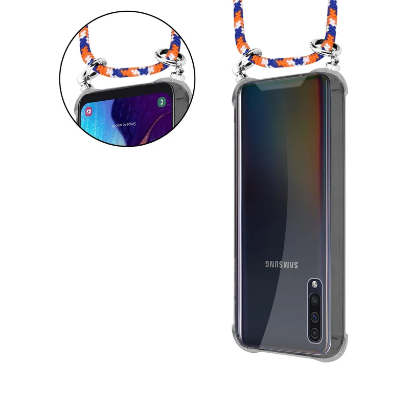 Cadorabo Handy Kette kompatibel mit Samsung Galaxy A50 4G / A50s / A30s Silikon Schutzhülle mit Silbernen Ringen, Kordel Band und abnehmbarem Etui