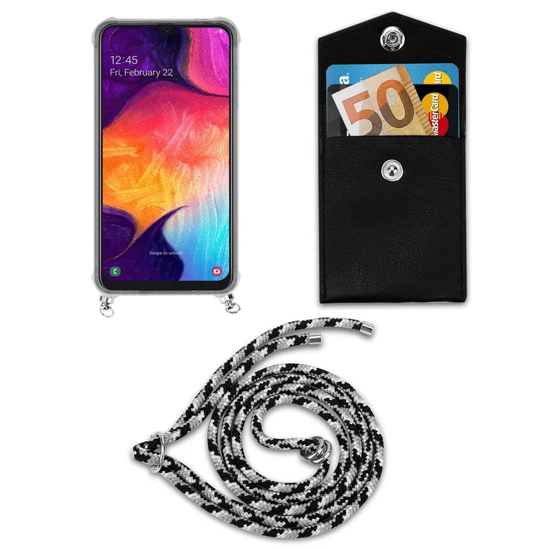 Cadorabo Handy Kette kompatibel mit Samsung Galaxy A50 4G / A50s / A30s Silikon Schutzhülle mit Silbernen Ringen, Kordel Band und abnehmbarem Etui