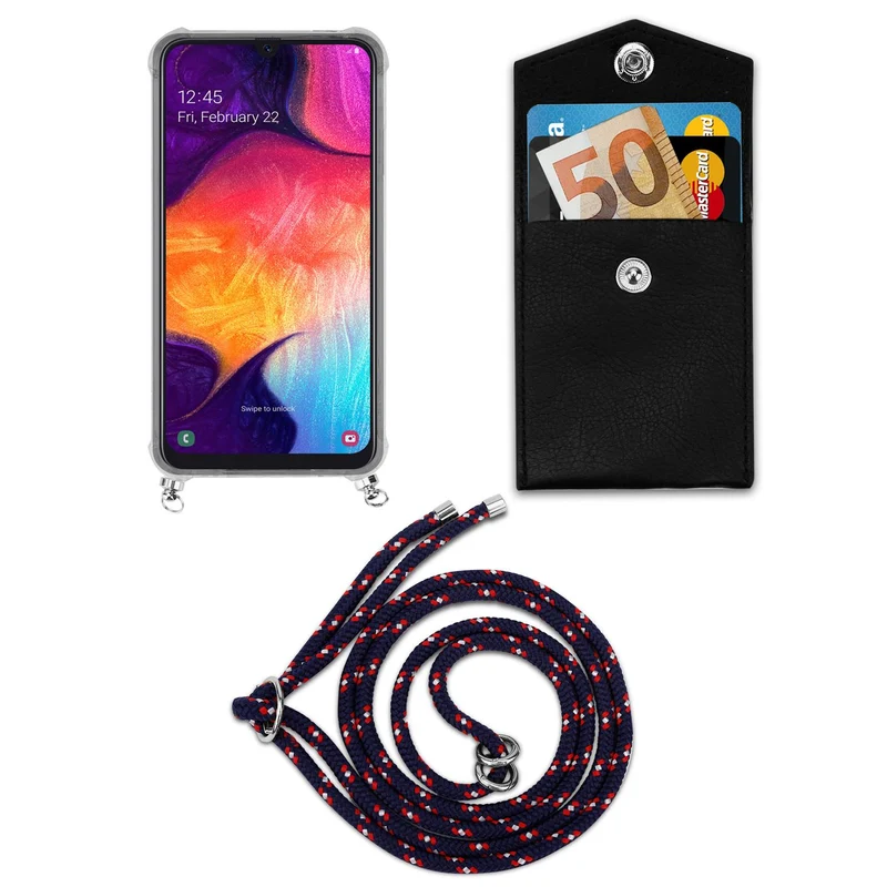 Cadorabo Handy Kette kompatibel mit Samsung Galaxy A50 4G / A50s / A30s Silikon Schutzhülle mit Silbernen Ringen, Kordel Band und abnehmbarem Etui