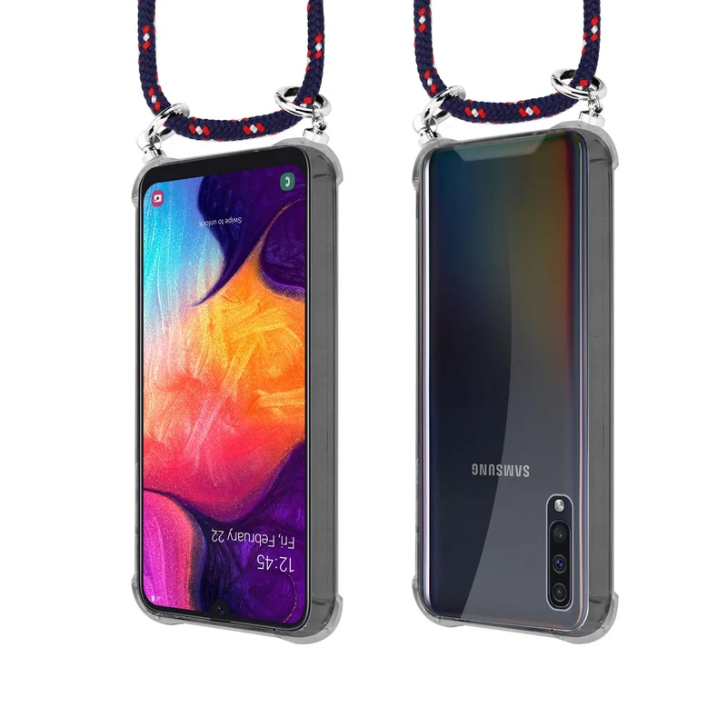 Cadorabo Handy Kette kompatibel mit Samsung Galaxy A50 4G / A50s / A30s Silikon Schutzhülle mit Silbernen Ringen, Kordel Band und abnehmbarem Etui