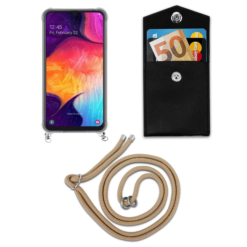 Cadorabo Handy Kette kompatibel mit Samsung Galaxy A50 4G / A50s / A30s Silikon Schutzhülle mit Silbernen Ringen, Kordel Band und abnehmbarem Etui