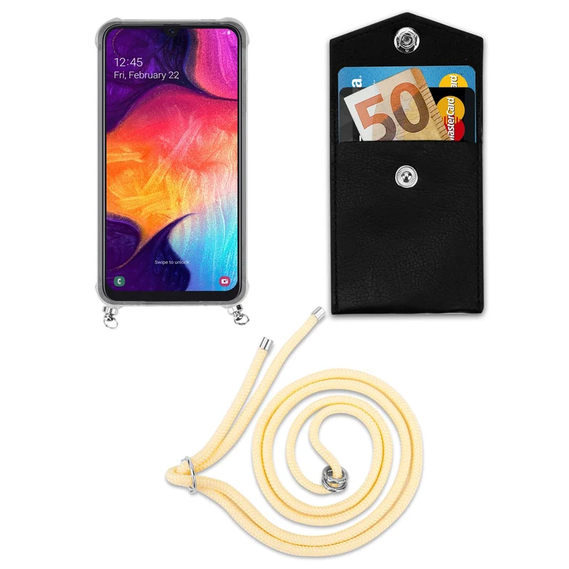 Cadorabo Handy Kette kompatibel mit Samsung Galaxy A50 4G / A50s / A30s Silikon Schutzhülle mit Silbernen Ringen, Kordel Band und abnehmbarem Etui