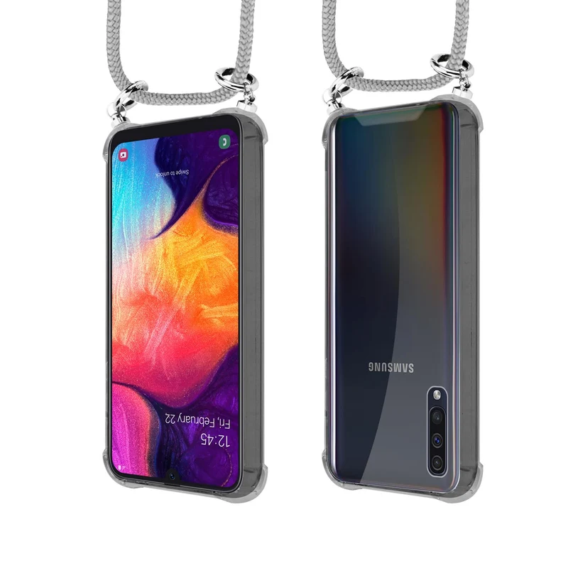 Cadorabo Handy Kette kompatibel mit Samsung Galaxy A50 4G / A50s / A30s Silikon Schutzhülle mit Silbernen Ringen, Kordel Band und abnehmbarem Etui