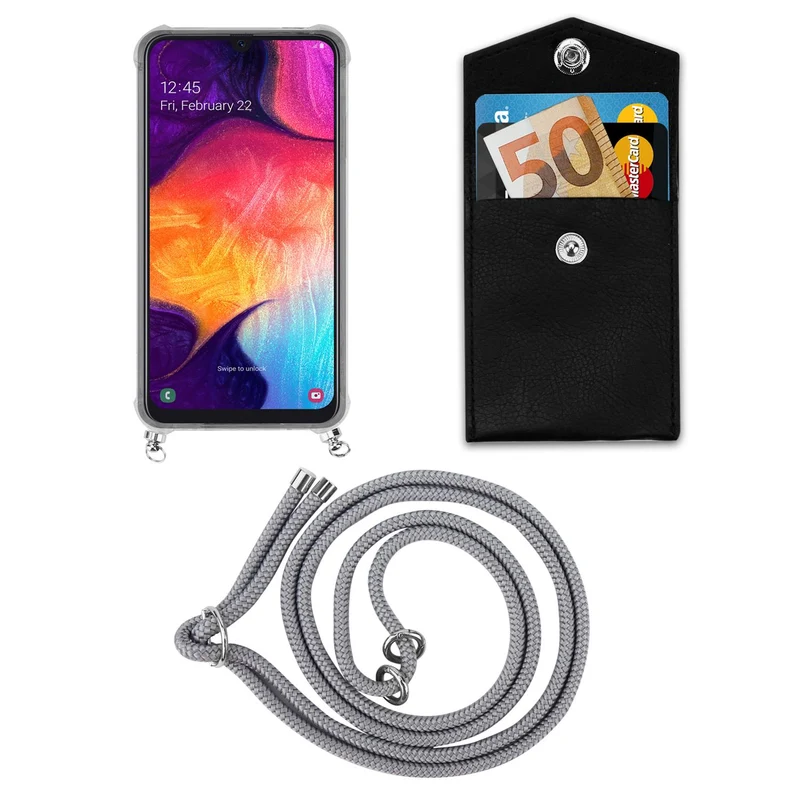 Cadorabo Handy Kette kompatibel mit Samsung Galaxy A50 4G / A50s / A30s Silikon Schutzhülle mit Silbernen Ringen, Kordel Band und abnehmbarem Etui